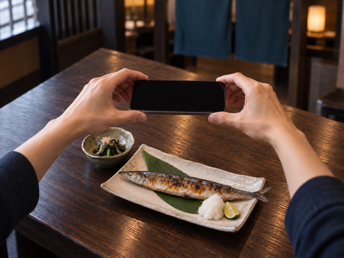 居酒屋のテーブルで、秋刀魚の塩焼きと小鉢をスマートフォンで撮影する手元